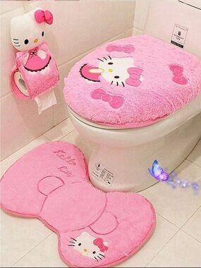 Hello Kitty Pink Plush Toilet Lid Cover, Bow-Shaped Bath Mat and paper cover